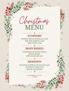 A Canva template of a holiday menu that reads "Christmas Menu" and features a beige, red, and green botanical design.