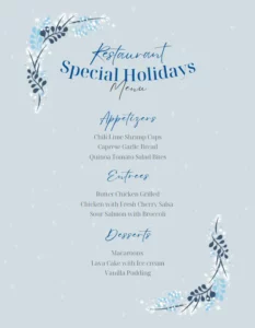 A Canva menu template that reads "Restaurant Special Holidays Menu" and features a blue botanical snow design.