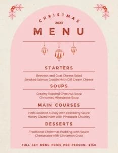 A Canva menu template that reads "Christmas Menu" and features a modern pink design.