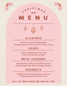 A Canva menu template that reads "Christmas Menu" and features a modern pink design.