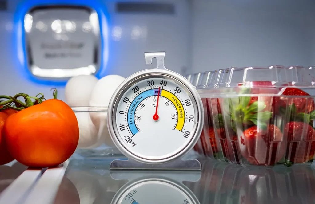 Close-up of a thermometer sitting on a shelf in a refrigerator surrounded by produce.