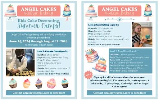 The June 2024 edition of Angel Cakes Vintage Bakery's email newsletter, containing information about upcoming kids' cupcake-decorating, cake-building, and tiered cake-making camps.