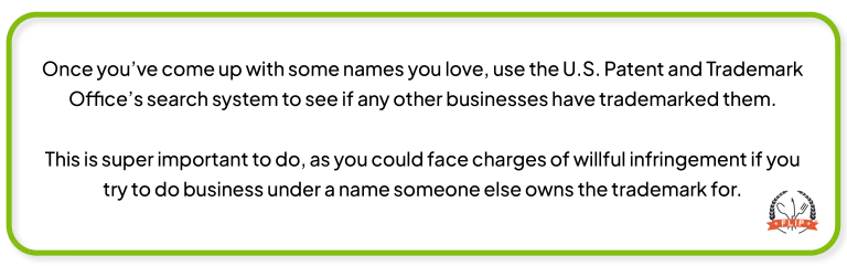 A graphic featuring a pull quote from the blog explaining how to see if your business name is already in use.