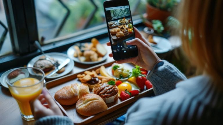 Woman taking photos of food.