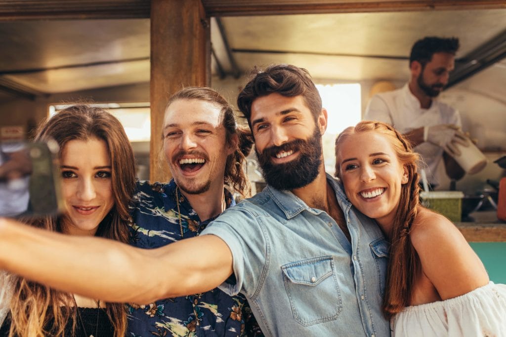 group of friends at food festival