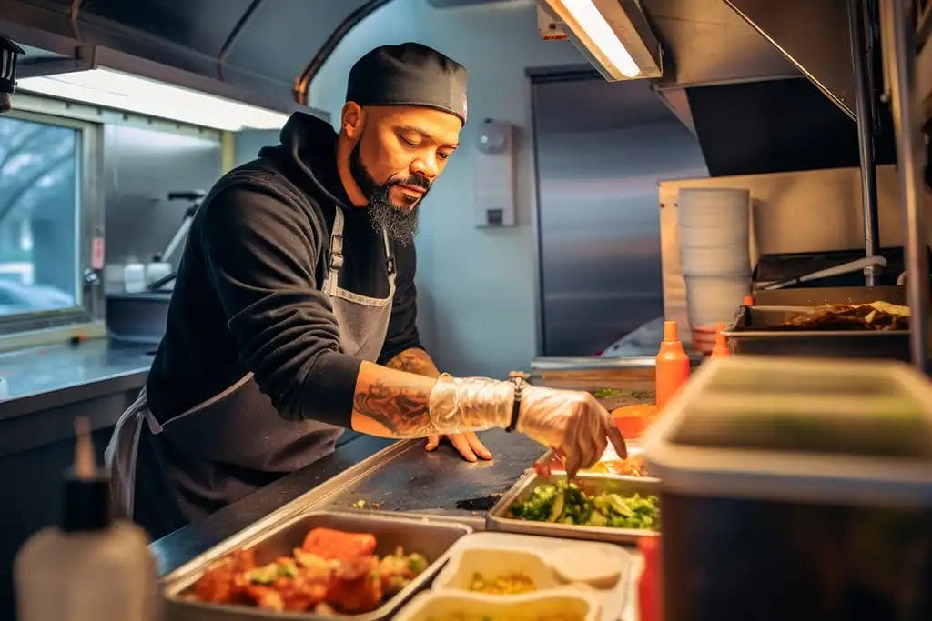 Food vendor preparing a meal in a food truck.