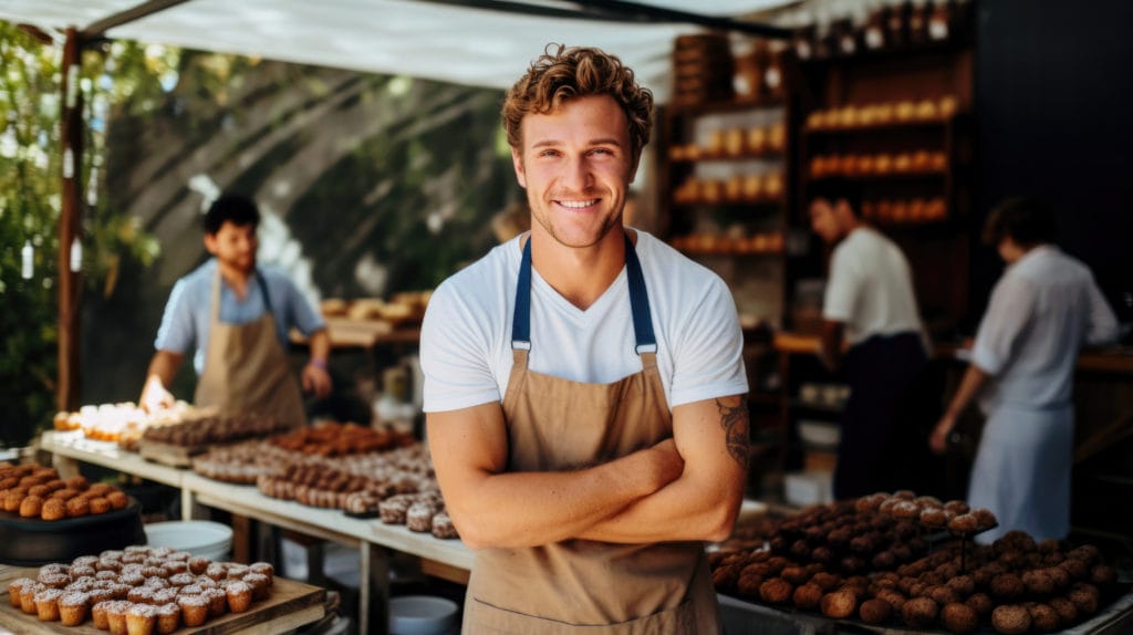 chef standing in front of food