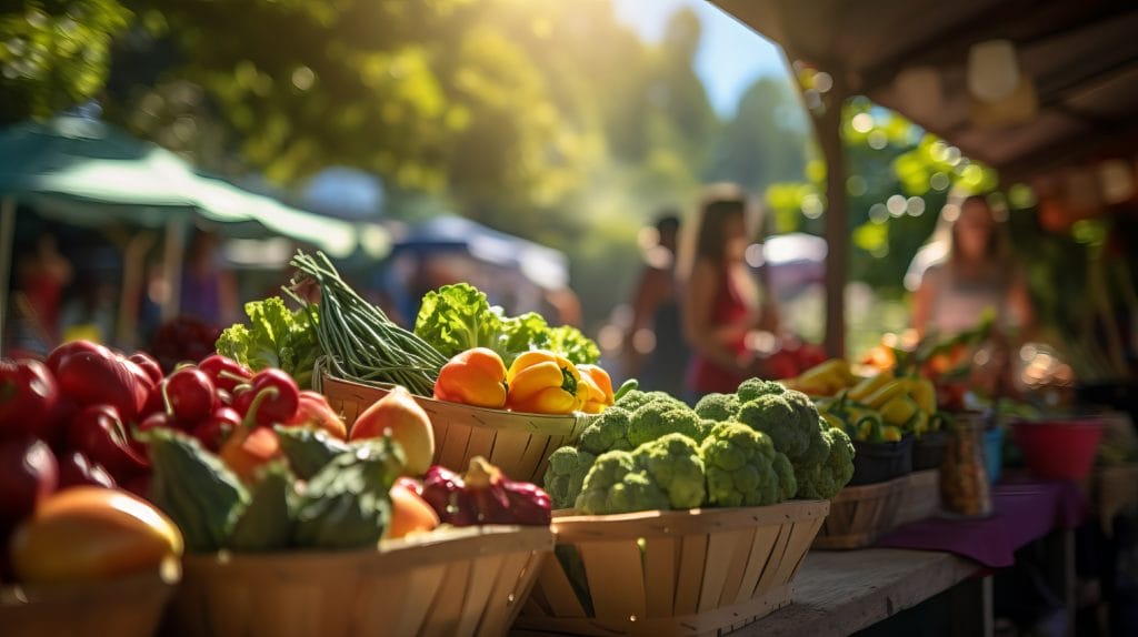 Wooden baskets of produce displayed in a booth on a sunny day at a farmers market.