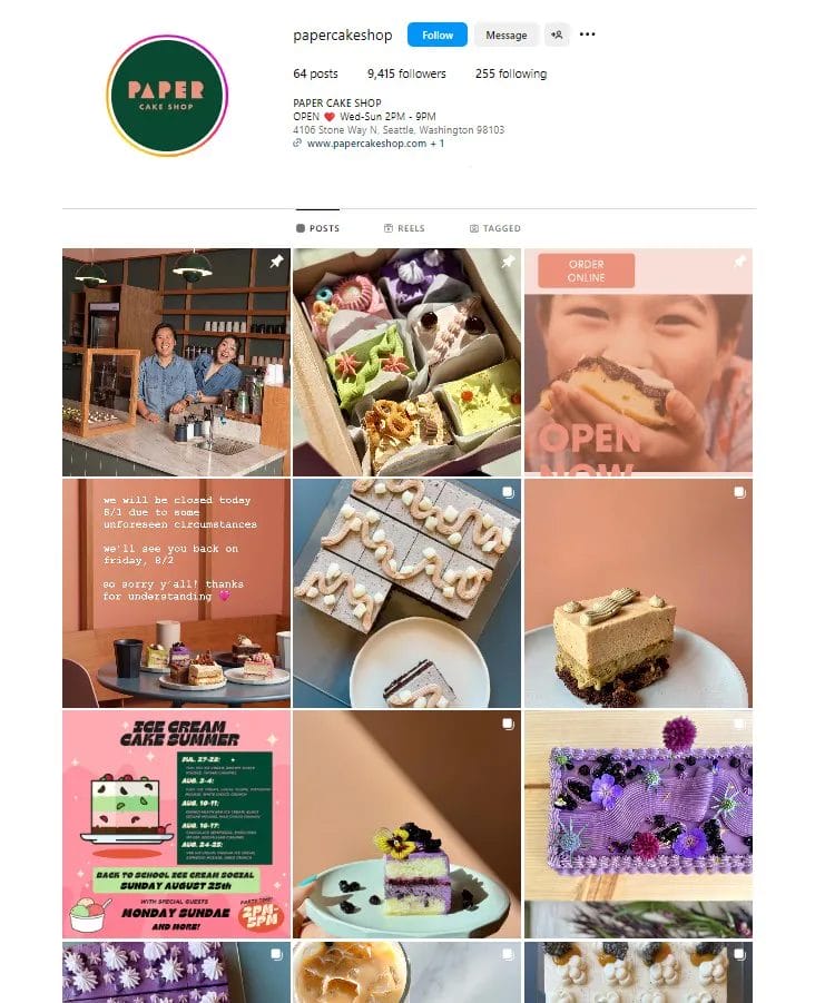 A screenshot of Paper Cake Shop's Instagram account.