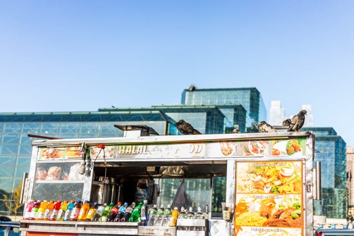 New York food truck with pigeons resting on top.