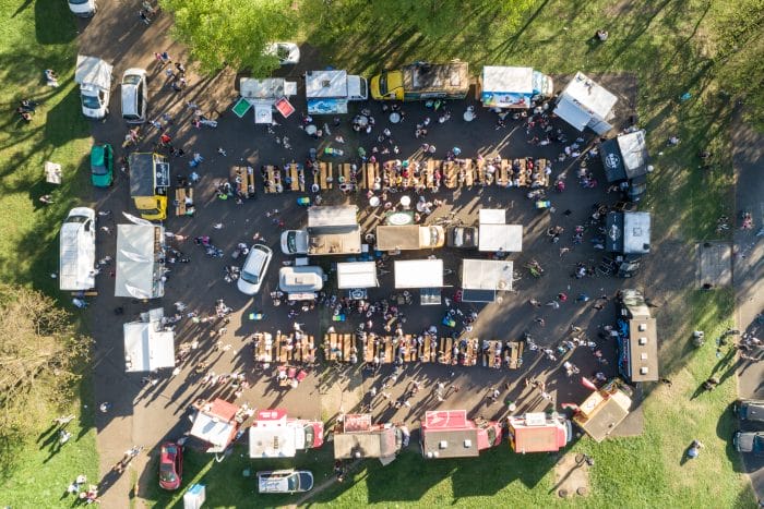 An overhead view of a food truck festival.