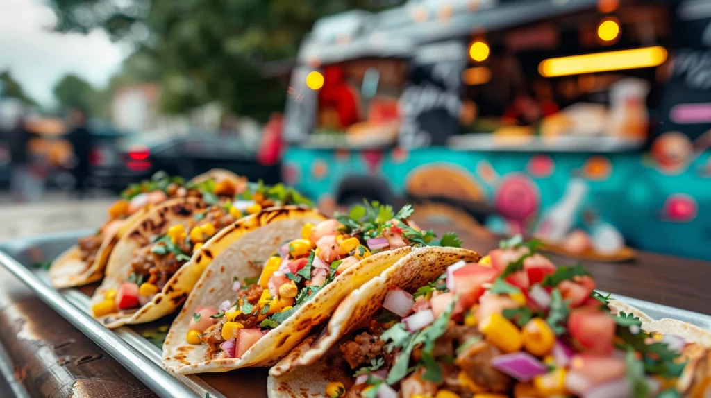 Food truck and tacos in the background.