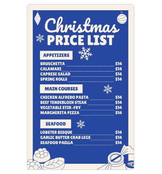 A blue and white Canva menu template titled Christmas Price List that has sections for appetizers, main courses, and seafood.