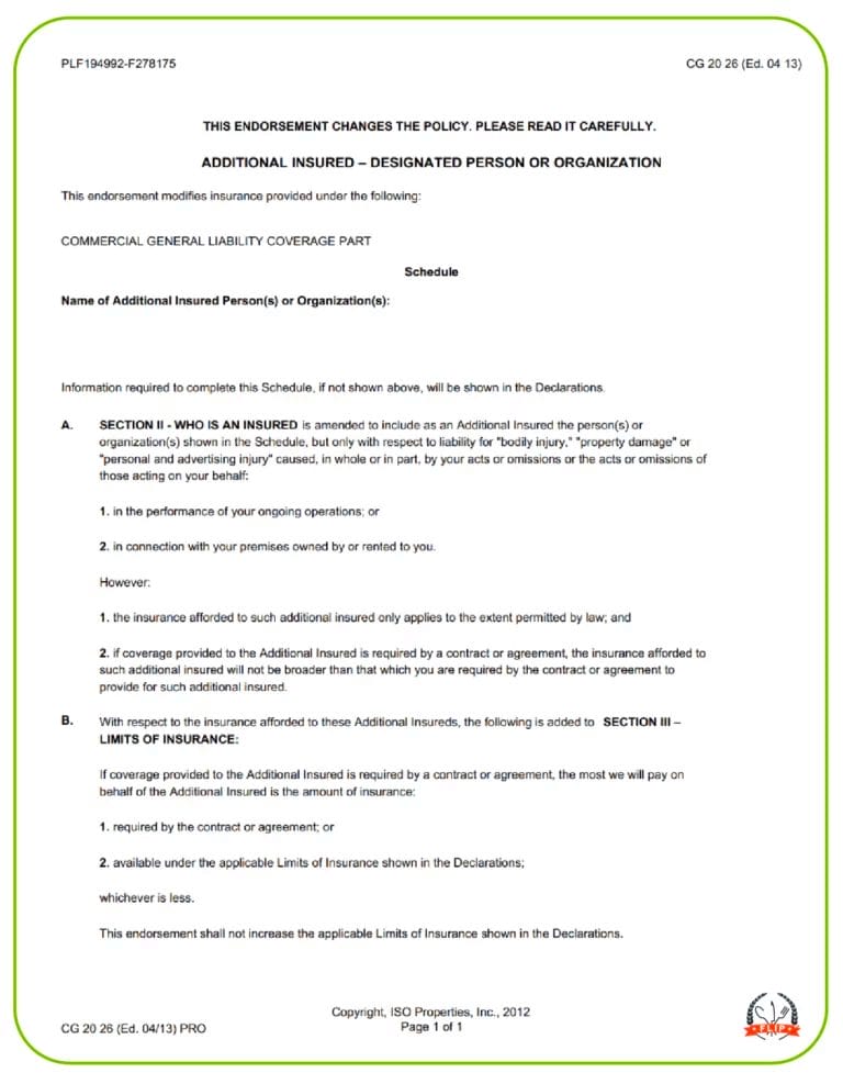 Example of insurance endorsement FLIP.