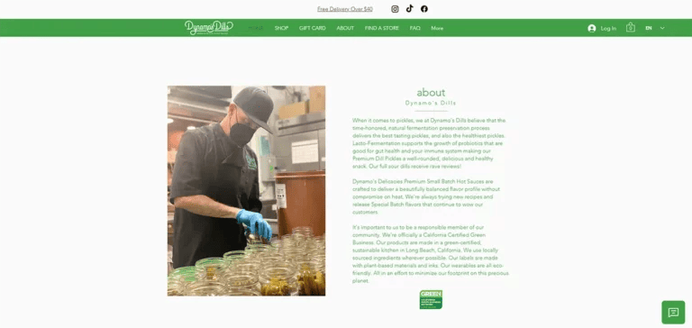 A screenshot of Dynamo's Dills "About Us" page that describes their mission statement and what they produce.
