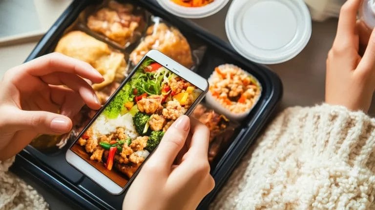 A person takes a picture of takeout stirfry with a smartphone.