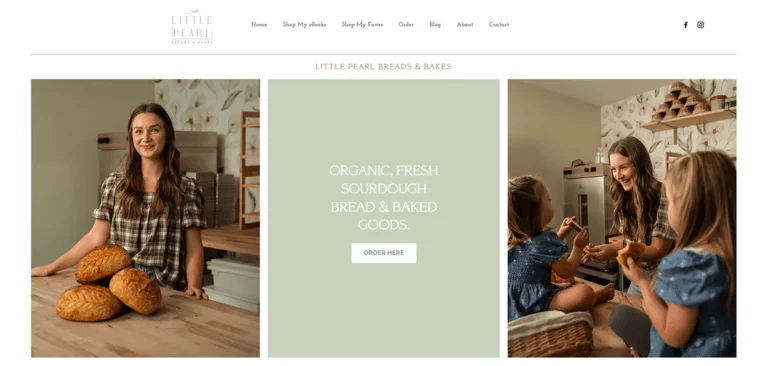 A screenshot of the homepage of Little Pearl Breads' website, featuring pictures of the owner, Macey Merlak, and her two daughters in her home bakery.