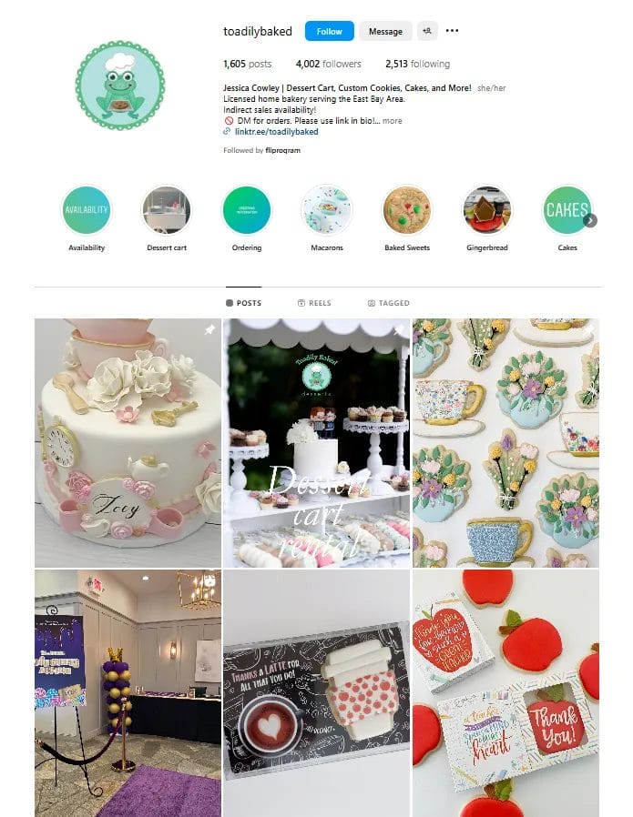 A screenshot of Toadily Baked's Instagram profile including thumbnails of intricately decorated cakes and cookies