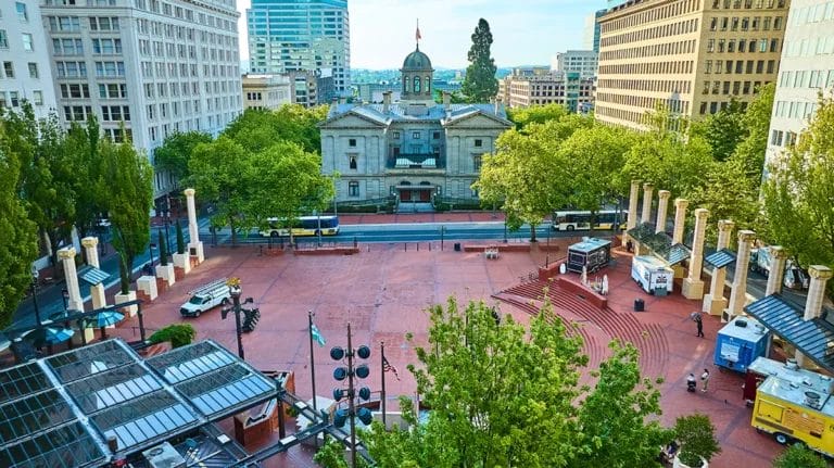 Aerial view of Urban Plaza in Portland with food trucks.