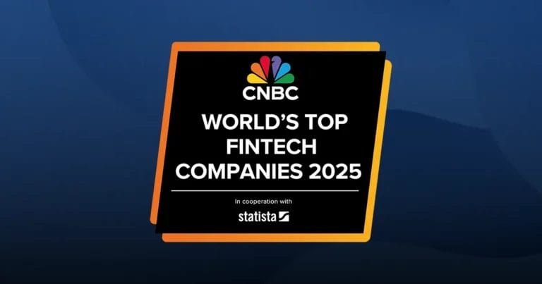 A blue and yellow graphic with the CNBC logo that reads "World's Top Fintech Companies 2025. In cooperation with Statista."