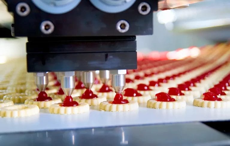 A close-up shot of cookies on a production line in a manufacturing plant with a machine placing dollops of jelly on top of them.