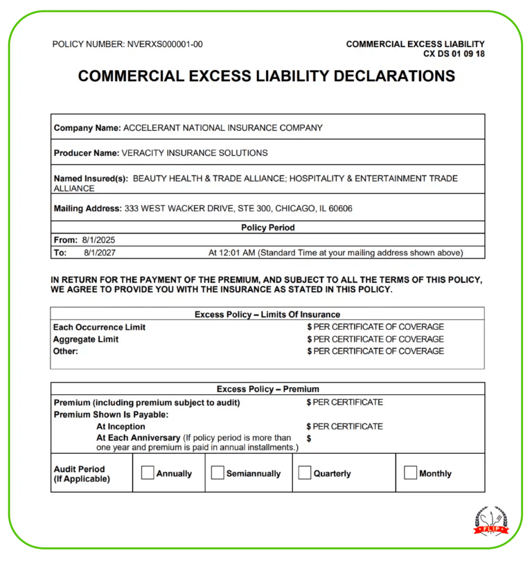 Commercial excess liability example.