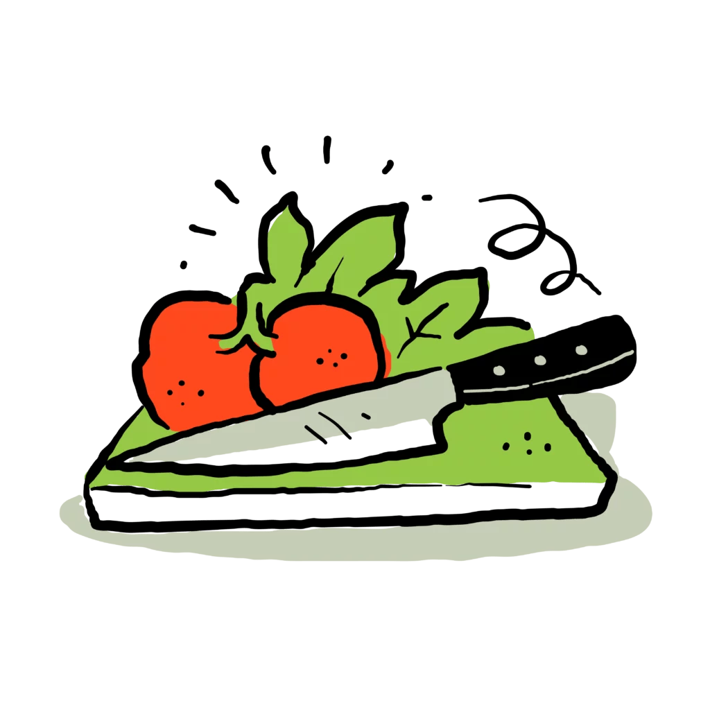 Fresh food on cutting board illustration.
