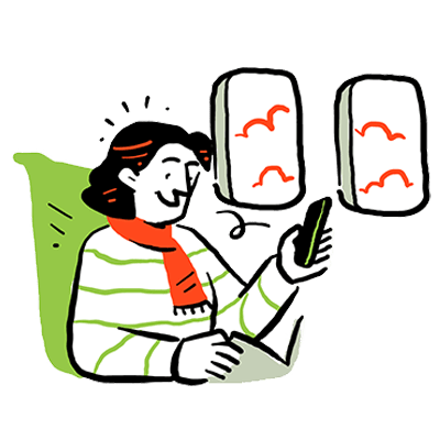 An illustration of a person using their phone and reading a book.