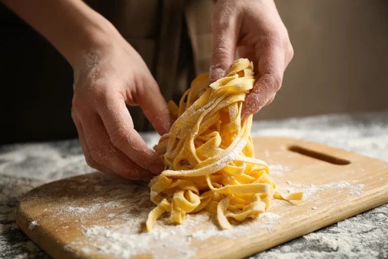 A close-up picture of a person handling linguine pasta on a wooden cutting board covered in flour.